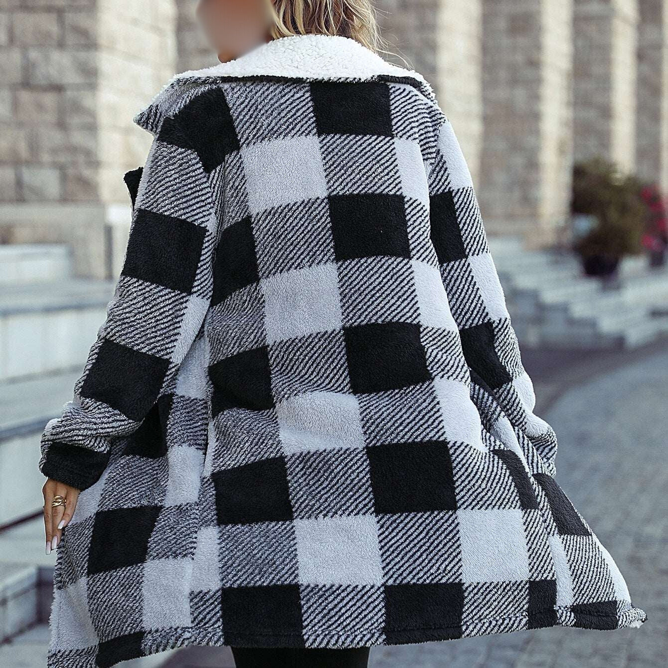 Women Coat: Plaid Loose, Double Sided, Cardigan & Loose Fit Coat -Back View