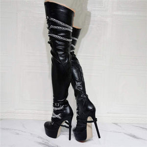 High Thigh Boots for Women - Over-the-Knee - High Heel with Chains - Back View