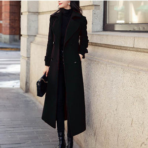 Women Coat: Slim Fit Woolen Coat, Suit Collar & Long Sleeve-Black Color