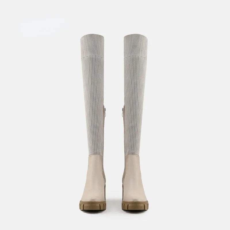 High Thigh Boots for Women - Low Heel - Sizes 36-43 - Apricot Color(Front View)