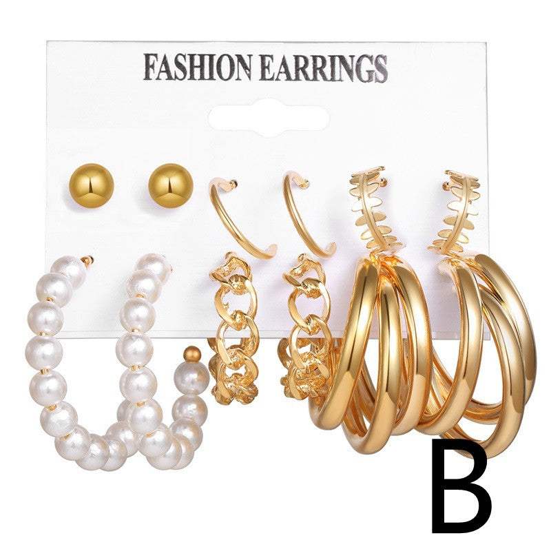 Gold Earrings | 6-Piece Set of Hoop & Chain-Shaped Earrings with Pearl- (Set B)