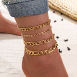 Anklets for Women: A Trendy Set Of 5 Gold Anklets + Heart Crystal Key (5 Anklets Set 1)