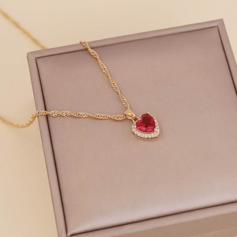 Necklace Gold Chain for Women + Zircon Heart Pendant (Red Color)