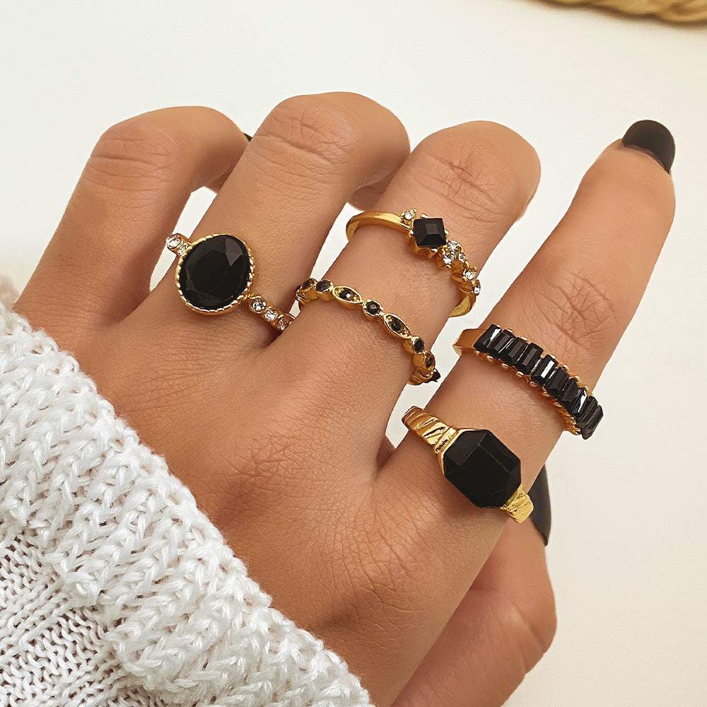 Rings for Women | Set Of 5 All-Match Stud Gold Rings + Colored Diamonds (Black)