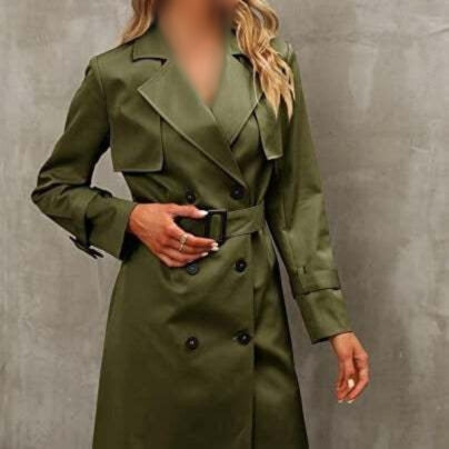 Women Trench Coat: Double-Breasted & Long Sleeve for Winter & Autumn - Army Green Color