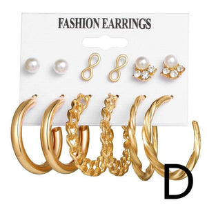 Gold Earrings | 6-Piece Set of Hoop & Chain-Shaped Earrings with Pearl- (Set D) 