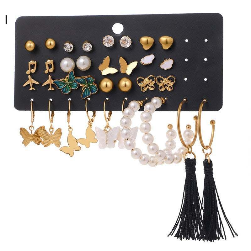 Gold Earrings | 6-Piece Set of Hoop & Chain-Shaped Earrings with Pearl- (Set I)