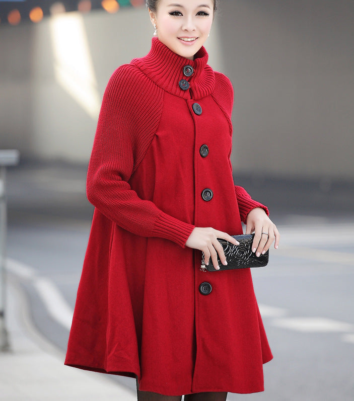 Women's Coat: Mid-length Coat | Solid Color & Woolen Fabric | Red Color